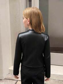 青少年女孩休闲日常百搭纯色褶皱圆领短款 3/4 袖开衫夹克，返校季 - 黑色 - 查看 2