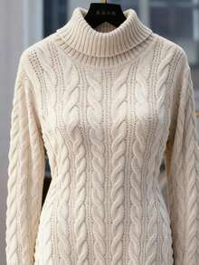 Elenzga 女士优雅高领长袖宽松大码毛衣连衣裙，女士冬季针织连衣裙，外套 - 杏色 - 查看 6