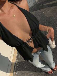 SHEIN EZwear Áo thun nữ cổ yếm dệt kim màu trắng - màu đen - Xem 5