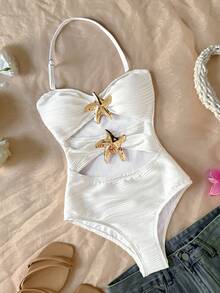 Emery Rose Kids Emery Rose Kids Áo tắm liền thân ôm sát, cổ chữ V, buộc dây, họa tiết hoa, khóa kim loại, màu trắng, chất liệu dệt kim, dành cho bé gái tuổi teen, thích hợp cho kỳ nghỉ. - trắng - Xem 3