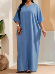 SHEIN Lady 大码纯色简约长袖休闲连衣裙 - 藍色 - 查看 4