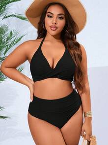 Swim Basics Plus Size Women 2pcs/Set Solid Color Halter Neck Bikini Set, Fashion Minimalist Summer Beach Vacation Swimwear
