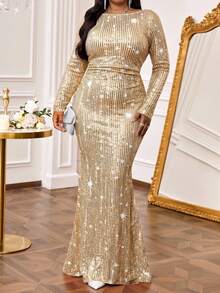 SHEIN Lady 大码亮片装饰圆领长袖连衣裙 - 彩色 - 查看 4