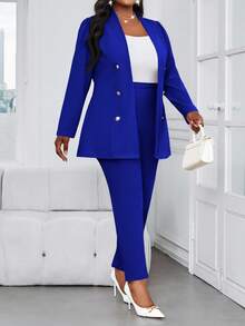 SHEIN Lady Áo khoác lông thú giả cổ đứng màu hồng thanh lịch cho công sở mùa thu đông Nút vàng Tay dài cỡ lớn Co giãn thoải mái - Xanh đậm - Xem 5