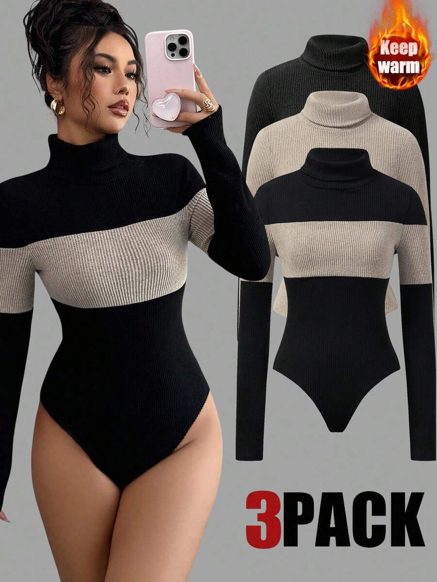 SHEIN LUNE Bộ đồ liền thân cổ lọ nhiều màu sắc dành cho nữ, Thu/Đông - Nhiều màu - Xem 1