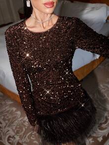 Lavishia 亮片拼接毛绒圆领长袖连衣裙，酒红色 - 棕色 - 查看 6