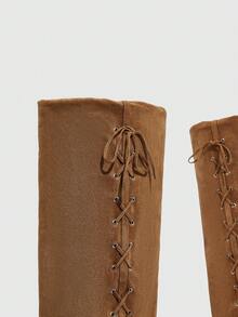 Daringsoles Giày bốt cao đến đầu gối buộc dây mũi nhọn thời trang hàng ngày đa năng cho nữ - màu nâu - Xem 5