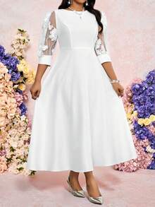 Fleurora Spring And Summer Modest Elegant Party Wedding Valentine's Day Cocktail Party Concert/Music Festival White Woven Chiffon Jacquard Scoop Neck Ball Gown Flared Bishop Sleeve Contrast Mesh Long Quarter Sleeves Plus Size Dresses Plus Size Women Floral Mesh Patchwork Elegant Fitted Party & Holiday Dress White Dress White Dress For Women Luxury Evening Dresses For Women Luxury Evening Dress For Women Luxury Dresses Formal Dress Formal Dresses For Women Elegant Dresses For Women Elegant Dresses Elegant Dresses For Ladies Wedding Guest Dress For Women Weddings & Events Wedding Guest Dress Party Dress Elegant Party Dresses For Women Valentine's Day Dress - White - View 5