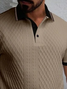 EGENSIO Áo polo ngắn tay nam cỡ lớn với viền tương phản, chất liệu vải dệt họa tiết - Màu Khaki - Xem 5