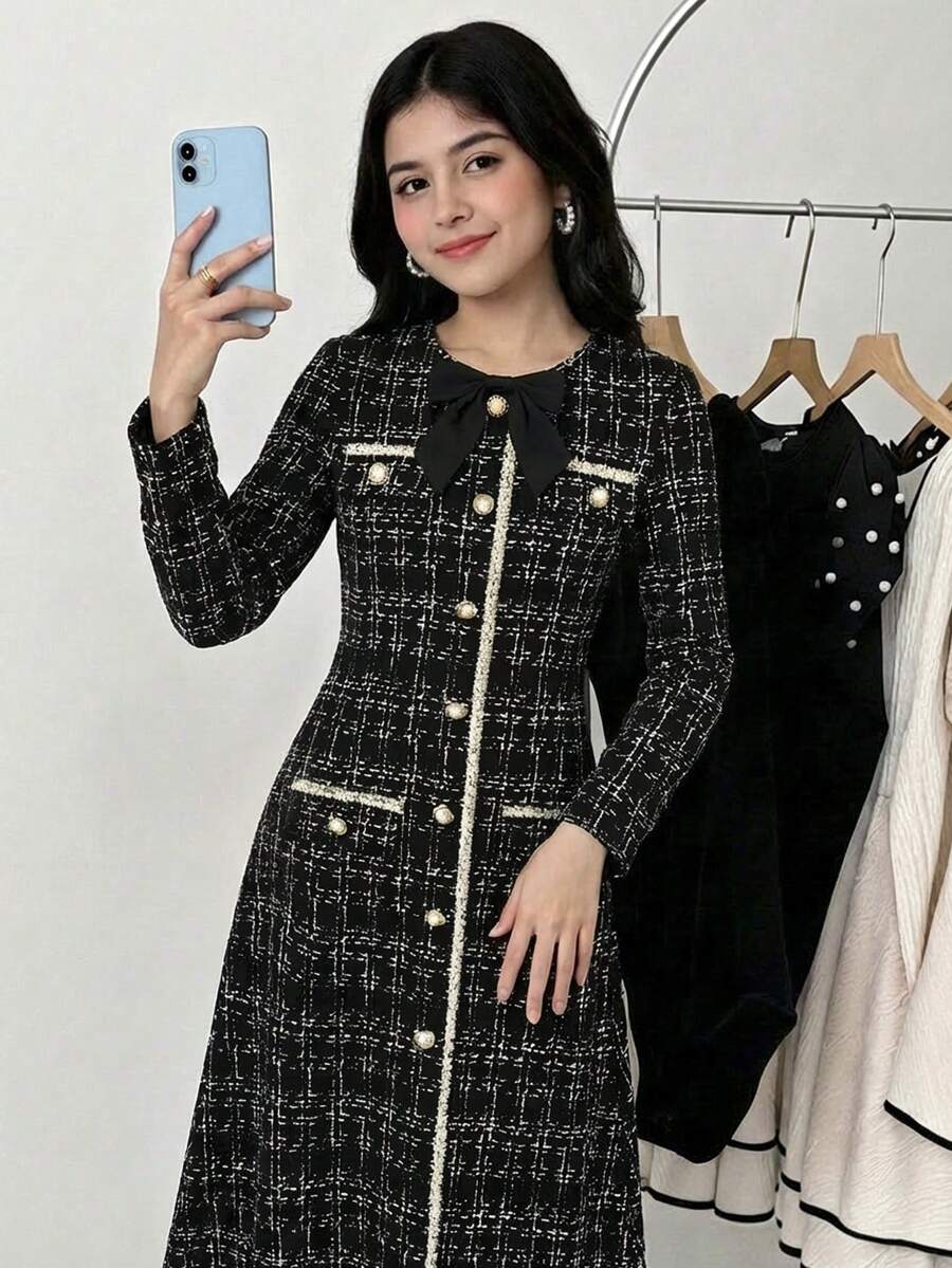 Teen Girl Bow Collar Metal Buckle Deco Long Sleeve A-Line Maxi Elegant Dress, Elegant Plaid Mid Dress, Elegant Black Dress, Suitable For Casual Daily Wear Girls Matching Dresses - Black - View 1