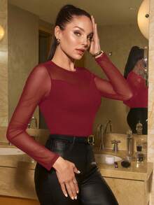 Lavishia Women's Solid Color Mesh Patchwork Sheer Long Sleeve Bodysuit - Burgundy - View 5