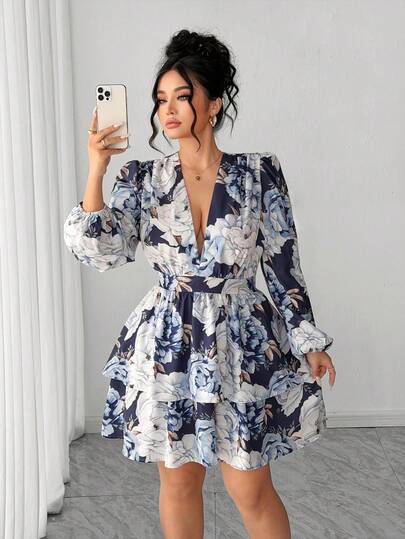 Elenzga Vestido de mujer talla grande con cuello en V, mangas abullonadas y dobladillo con doble volante con estampado floral