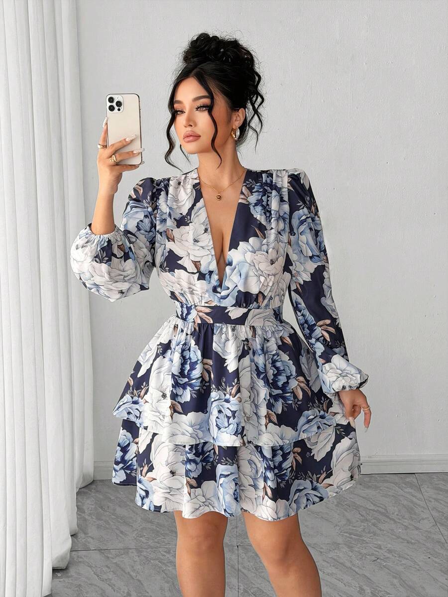 Elenzga Đầm cỡ lớn dành cho nữ, cổ chữ V, tay phồng, viền bèo nhún đôi, họa tiết hoa. - Nhiều màu - Xem 1