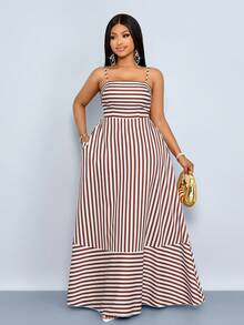 SOLERSUN 大码女士飘逸条纹长裙，配有肩带、口袋和胸前褶皱设计，适合度假、海滩、通勤、日常休闲穿着，优雅大方（随机花朵图案），尽显低调奢华的度假风情 - 棕色 - 查看 4