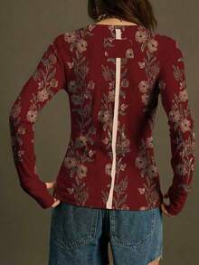 SoleilVie Áo thun dài tay cổ tròn in hoa mới mùa xuân hè, kiểu dáng retro, vintage, đa năng, phù hợp mặc đi làm, chất liệu mềm mại, thân thiện với da, thích hợp mặc ngoài trời, áo thun nữ màu đỏ mới, áo thun in hình Valentine - Màu Đỏ Sâu - Xem 2