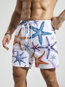 Horizaway 男士海星印花休闲沙滩短裤 - 白色 - 查看 4