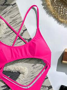 Swim SXY 女士性感玫红色镂空露背细肩带巴西风连体泳衣，夏季海滩度假 - 玫紅色 - 查看 6