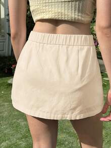 SHEIN EZwear 杏色休闲女式半身裙，适合日常穿着，款式包括卡其色短裙、迷你短裙、短裤套装、高尔夫裙、夏季女装、休闲短裤等。 - 杏色 - 查看 2