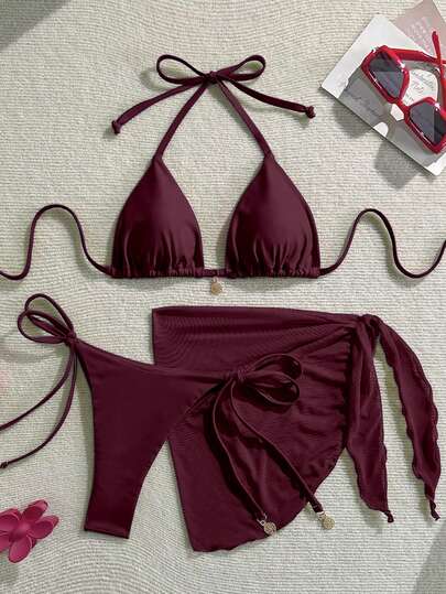 Swim Vcay Ensemble de bikini 3 pièces pour femmes avec pendentif en métal de couleur unie, attache au cou et au dos. Idéal pour les vacances à la plage