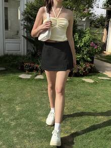 SHEIN EZwear 黑色低腰休闲防走光女式短裙网球裙黑色女式短裙裤带裤装女式短裙裤女式黑色短裙黑色网球裙女式短裙裤跑步裙女式短裤夏季女式短裤休闲女式短裤 - 黑色 - 查看 6