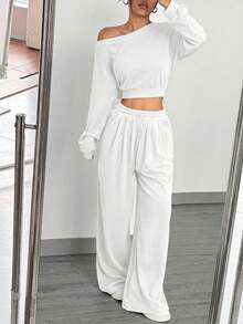 SHEIN EZwear 两件套针织女式斜肩上衣和裤子套装 - 白色 - 查看 4