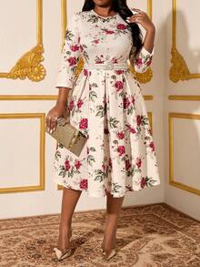 Fleurora Plus Size Women's Floral Print Round Neck 3/4 Sleeve Pocketed Pleated Elegant Party Dress