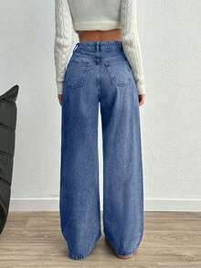EURMUSE Hochsitzende Weite Bein Y2K Stil Jeans Petite - Babyblau - Übersicht 2