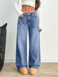 EURMUSE Hochsitzende Weite Bein Y2K Stil Jeans Petite - Babyblau - Übersicht 5