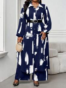 SHEIN Lady 春夏秋冬休閒優雅通勤套裝，黑色編織襯衫領主教袖口袋長袖大尺碼西裝，春夏優雅通勤辦公大尺碼套裝，女款夏季度假兩件式套裝，2件夏季服飾 - 藏蓝色 - 查看 4