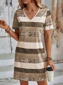 SHEIN LUNE Leopard Print Colorblock Tee Dress - Brown - View 4