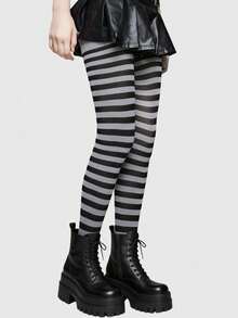 ROMWE Grunge Punk 1 Pair Gothic Style Black & White Striped Tights - Black grey - View 6