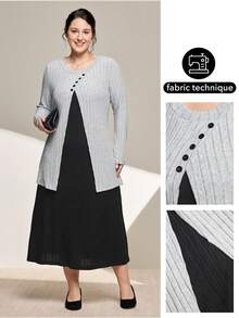 Momelise 大码女式撞色罗纹休闲圆领长袖连衣裙，适合派对和度假穿着 - 彩色 - 查看 1