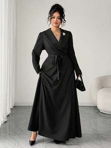 Elenzga 大码女士优雅交叉领金属胸针装饰腰带A字连衣裙，黑色面料，舒适显瘦，长袖，适合上学、毕业典礼、情人节、音乐节、母亲节、万圣节、感恩节、复活节、国庆节、晚宴、约会派对、婚礼、户外活动等场合。 - 黑色 - 查看 4