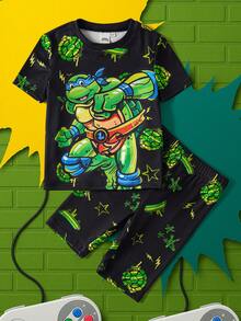 TEENAGE MUTANT NINJA TURTLES | SHEIN Bộ đồ ngủ ngắn tay và quần short in hình rùa hoạt hình dành cho bé trai, thích hợp cho mùa hè. - màu đen - Xem 1