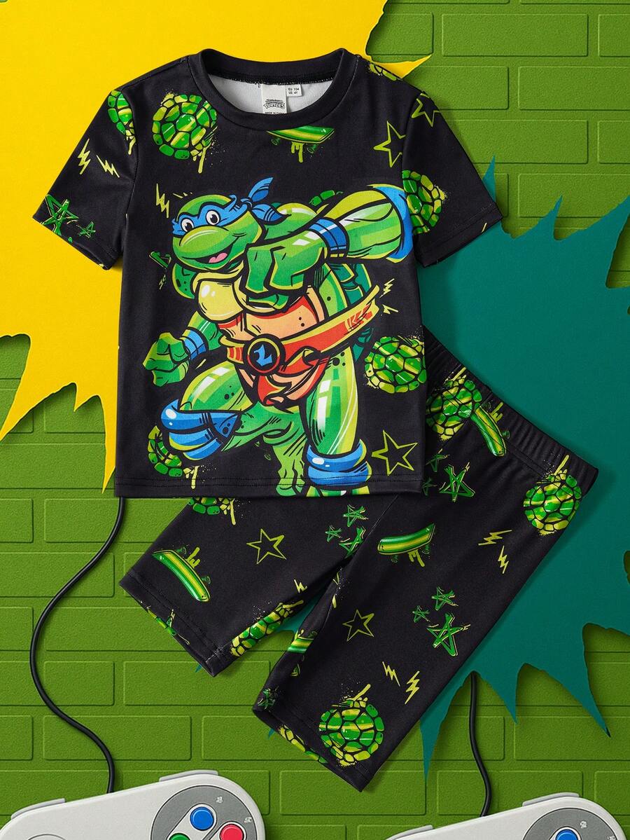 TEENAGE MUTANT NINJA TURTLES | SHEIN Bộ đồ ngủ ngắn tay và quần short in hình rùa hoạt hình dành cho bé trai, thích hợp cho mùa hè. - màu đen - Xem 1