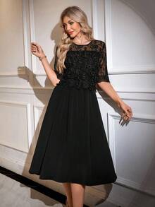 SHEIN Clasi Đầm ren thanh lịch cổ tròn tay ngắn dành cho nữ - màu đen - Xem 5