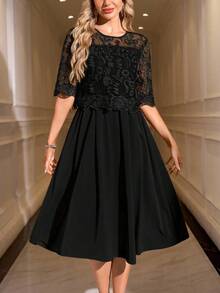 SHEIN Clasi Đầm ren thanh lịch cổ tròn tay ngắn dành cho nữ - màu đen - Xem 7