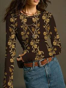 SoleilVie 春夏新款印花圆领休闲百搭长袖T恤，复古风，通勤百搭，柔软亲肤面料，适合户外穿着，新款女士T恤，情人节图案 - 咖啡棕 - 查看 6