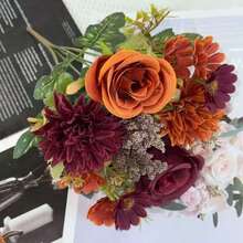 SHEIN Basic living Bó hoa giả 1/3 bông hồng lụa, cẩm tú cầu và mẫu đơn lãng mạn, hoa cầm tay bằng nhựa, trang trí ngoài trời cho đám cưới/nhà cửa/phòng ngủ/phòng khách/trang trí bàn/bó hoa cô dâu/Ngày của Mẹ - trái cam - Xem 6