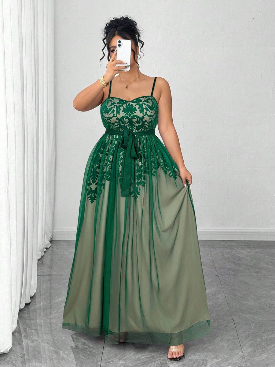 Elenzga Plus Size Dark Green Spaghetti Strap A Line Long Dress With Plants Pattern For Party - Dark Green - View 1