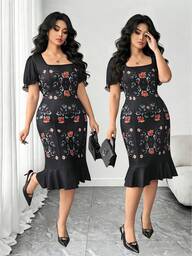 Elenzga Plus Size Women's Square Neck French Style Floral Print Puff Sleeve Flattering Midi Dress