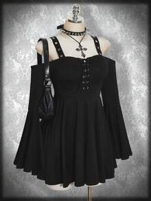 SHEIN ICON Plus Size Y2K Retro Punk Cross Strap Off Shoulder Flare Sleeve Dress, Metal Grommet Decor Dress Gothic Women Clothes Punk Dress Gothic Top Gothic Dress - Black - View 4