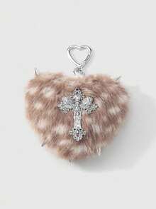 ROMWE Kawaii 1件Y2K复古朋克哥特风棕色仿毛皮豹纹铆钉3D心形十字架吊坠钥匙扣，适合女性，日常佩戴或作为礼物，万圣节 - 棕色-39 - 查看 10