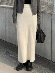 FRIFUL Women's Solid Dark Grey Ribbed Knit Elastic Waist Straight Skirt, Slimming, Suitable For Vacation, Autumn Women Clothing - Beige - View 3