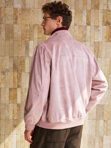 Manfinity Dauomo Áo khoác bomber cổ lông cừu họa tiết đồng xu cổ điển, áo khoác da lộn dành cho nam, trang phục dự tiệc, mùa thu/đông. - Bụi hồng - Xem 9