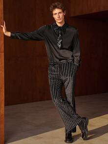 Airaco 亮片装饰领长袖衬衫，时尚男士设计，适合派对穿着 - 黑色 - 查看 5