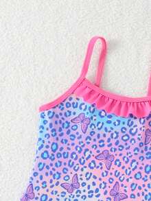 女童蝴蝶印花连体泳衣+帽子，粉色和紫色，沙滩度假