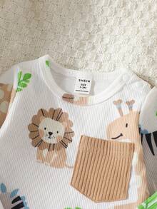 SHEIN 新生兒男嬰卡通獅子印花服裝 全棕色調 秋冬可愛節日中性款 坑條紋長袖上衣&長褲 2件套套裝 - 棕色 - 查看 6