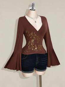 SHEIN ICON 大码女式复古长袖翻领喇叭袖上衣，舒适时尚，适合居家、旅行、秋冬季穿着。 - 棕色 - 查看 4