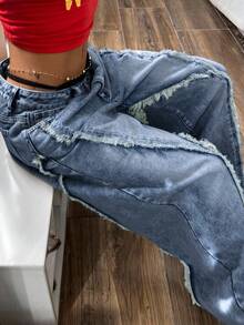 SHEIN EZwear 大码女式复古水洗牛仔裤，秋冬款 - 淺色水洗藍 - 查看 6